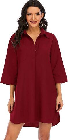 Women's Casual Half Sleeve Button Down Shirt Dress V Neck Tunic Blouses Tops with Pockets in Saudi Arabia