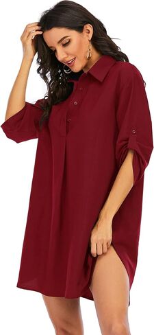 Women's Casual Half Sleeve Button Down Shirt Dress V Neck Tunic Blouses Tops with Pockets in Saudi Arabia