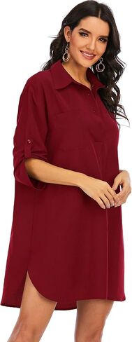 Women's Casual Half Sleeve Button Down Shirt Dress V Neck Tunic Blouses Tops with Pockets in Saudi Arabia