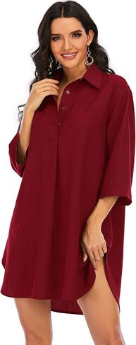 Women's Casual Half Sleeve Button Down Shirt Dress V Neck Tunic Blouses Tops with Pockets in Saudi Arabia