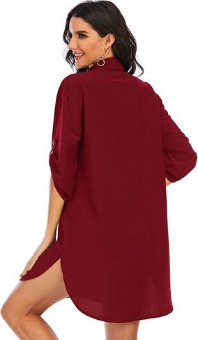 Women's Casual Half Sleeve Button Down Shirt Dress V Neck Tunic Blouses Tops with Pockets in Saudi Arabia
