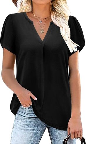 Bulotus Women Summer Tops Boho Short Sleeve Blouse Business Casual Tops Loose Fit Floral Tunic Beach Vacation Oufits in Kuwait