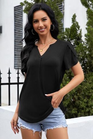 Bulotus Women Summer Tops Boho Short Sleeve Blouse Business Casual Tops Loose Fit Floral Tunic Beach Vacation Oufits in Kuwait