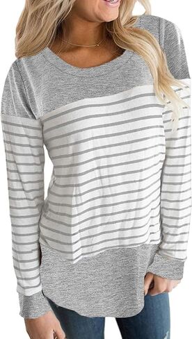 Hount Womens Back Lace Color Block Tunic Tops Long Sleeve T-shirts Blouses with Striped Hem in Kuwait