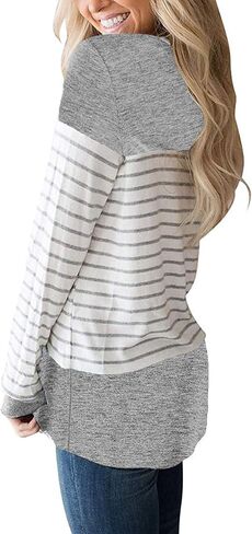 Hount Womens Back Lace Color Block Tunic Tops Long Sleeve T-shirts Blouses with Striped Hem in Kuwait
