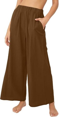 Vrtige Women's Casual Elastic High Waist Wide Leg Long Pants Trousers with Pockets in Saudi Arabia