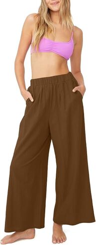 Vrtige Women's Casual Elastic High Waist Wide Leg Long Pants Trousers with Pockets in Saudi Arabia