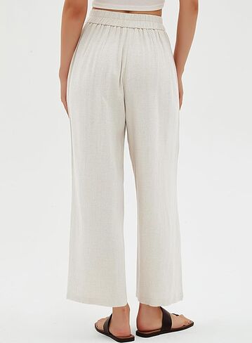 بنطلون نسائي من Beaully كاجوال عالي الخصر وواسع الساق من الكتان بأزرار لأعلى وساق مستقيمة مع جيب in Kuwait