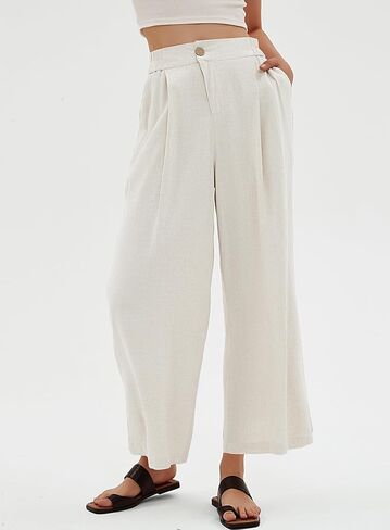 بنطلون نسائي من Beaully كاجوال عالي الخصر وواسع الساق من الكتان بأزرار لأعلى وساق مستقيمة مع جيب in Kuwait