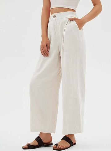 بنطلون نسائي من Beaully كاجوال عالي الخصر وواسع الساق من الكتان بأزرار لأعلى وساق مستقيمة مع جيب in Kuwait