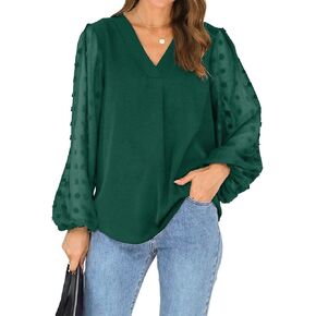 Blooming Jelly Womens Black Blouse V Neck Lantern Sleeve Chiffon Swiss Dot Business Casual Tops Shirts