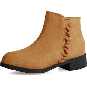 Coutgo Girls Ankle Boots Kids Ruffle Dress Booties Fashion Chunky Side Zip Casual Shoes