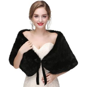 Fdesigner Women's 1920s Faux Fur Shawl with Velvet Ribbon Bridal Wedding Fur Wraps and Shawls Faux Mink Shawl