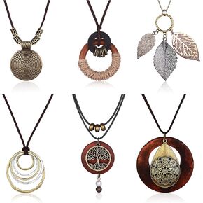 Jstyle 6Pcs Long Pendant Necklace for Women Boho Vintage Wood Feather Fall Pendant Sweather Necklace Set Adjustable Peace Sign Y Necklace Hippie Jewelry in Kuwait