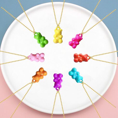 Chanaiqw 8 Pcs Colorful Resin Gummy Bear Pendant Necklace Cute Transparent Rainbow Candy Color Bear Chain Necklaces Accessories Lovely Animal Punk Party Jewelry for Women Girls Gifts Set in Saudi Arabia