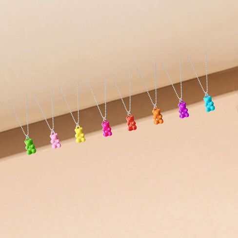 Chanaiqw 8 قطع ملونة الراتنج غائر الدب قلادة قلادة لطيف شفاف قوس قزح لون الحلوى الدب سلسلة القلائد الملحقات جميل الحيوان الشرير حزب مجوهرات للنساء الفتيات مجموعة الهدايا in Kuwait