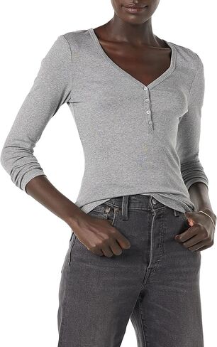 Amazon Essentials Women's Ribbed Knit Long Sleeve Henley Slim Fit T-Shirt in Kuwait