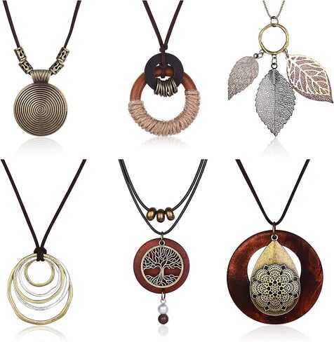Jstyle 6Pcs Long Pendant Necklace for Women Boho Vintage Wood Feather Fall Pendant Sweather Necklace Set Adjustable Peace Sign Y Necklace Hippie Jewelry in Kuwait