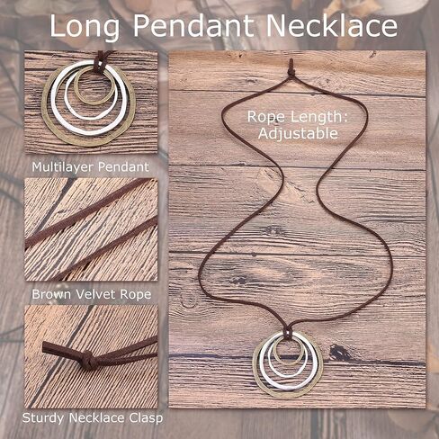 Jstyle 6Pcs Long Pendant Necklace for Women Boho Vintage Wood Feather Fall Pendant Sweather Necklace Set Adjustable Peace Sign Y Necklace Hippie Jewelry in Kuwait