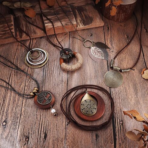 Jstyle 6Pcs Long Pendant Necklace for Women Boho Vintage Wood Feather Fall Pendant Sweather Necklace Set Adjustable Peace Sign Y Necklace Hippie Jewelry in Kuwait