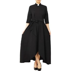 Church Dress for Women Half Sleeve Loose Elegant Clergy Maxi Dress with Tab Insert Collar and Belts
