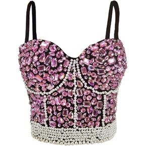 SZRJ Women's Sexy Rhinestone Bustier Pearl Tube Top Club Party Shiny Corset Top Bra