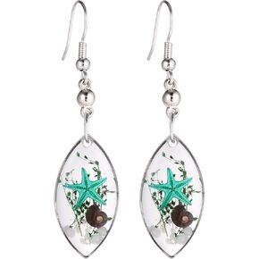 FM FM42 Silver-tone Starfish Seashell Pressed Flower Small Heart Marquise Drop Dangle Hook Earrings