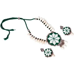 Satva ORNAMENTS Handicraft Cotton Thread, Shining Mirror Work New Star Sea Shell Flower Designed and Oxidised Materials Indian Bollywood Traditional Wear Jewellery Set Choker Necklace with Earings For Women & Girls in Saudi Arabia
