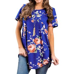 Ezcosplay Womens Tunic Tops Short Sleeve Summer Floral Print Casual Asymmetric Hem Tunic Shirts to Wear with Leggings in Kuwait
