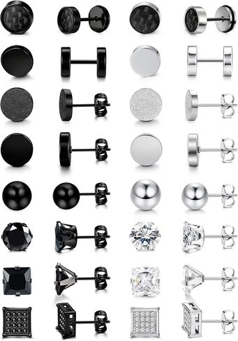 LOYALLOOK Stainless Steel Black Stud Earrings Silver Cubic Ziconia Stud Earrings Sets Tunnel Earring Ball Studs for Women Men 16 Pairs in Saudi Arabia