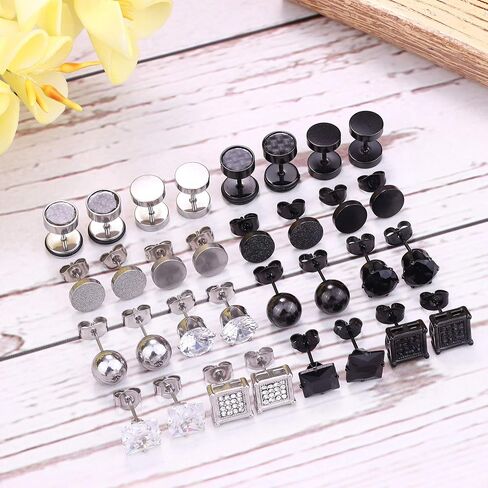 LOYALLOOK Stainless Steel Black Stud Earrings Silver Cubic Ziconia Stud Earrings Sets Tunnel Earring Ball Studs for Women Men 16 Pairs in Saudi Arabia