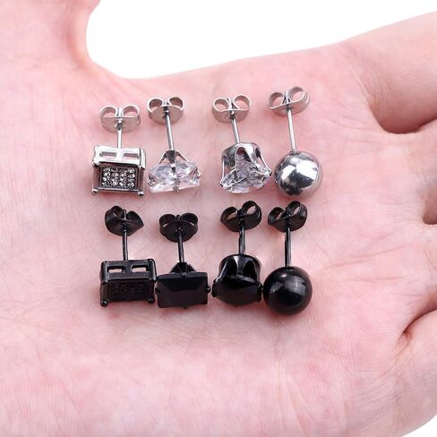 LOYALLOOK Stainless Steel Black Stud Earrings Silver Cubic Ziconia Stud Earrings Sets Tunnel Earring Ball Studs for Women Men 16 Pairs in Saudi Arabia