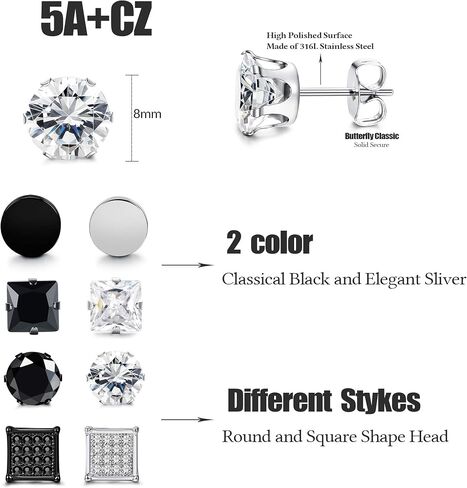 LOYALLOOK Stainless Steel Black Stud Earrings Silver Cubic Ziconia Stud Earrings Sets Tunnel Earring Ball Studs for Women Men 16 Pairs in Saudi Arabia