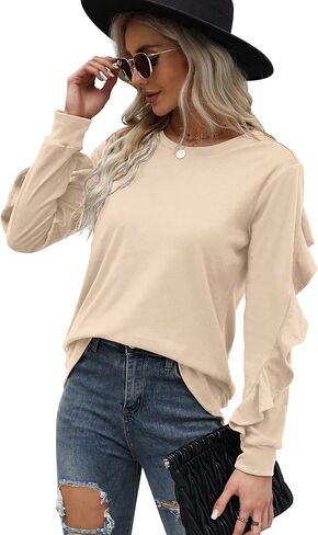 Saloogoe Crewneck Sweatshirts Long Sleeve Casual Tops with Ruffle Sleeve Fall Winter Clothes Soft Fashion 2022 in Kuwait