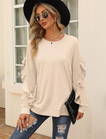 Saloogoe Crewneck Sweatshirts Long Sleeve Casual Tops with Ruffle Sleeve Fall Winter Clothes Soft Fashion 2022 in Kuwait