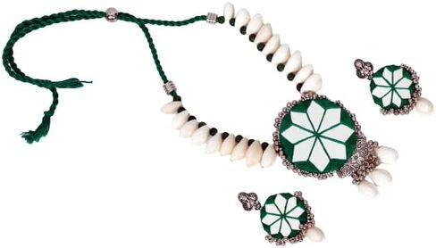 Satva ORNAMENTS خيط قطني مصنوع يدويًا، مرآة لامعة عمل نجمة جديدة على شكل زهرة صدفة البحر مواد مصممة ومؤكسدة مجموعة مجوهرات بوليوود الهندية التقليدية قلادة قلادة مع أقراط للنساء والفتيات in Saudi Arabia