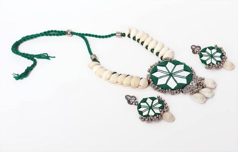 Satva ORNAMENTS خيط قطني مصنوع يدويًا، مرآة لامعة عمل نجمة جديدة على شكل زهرة صدفة البحر مواد مصممة ومؤكسدة مجموعة مجوهرات بوليوود الهندية التقليدية قلادة قلادة مع أقراط للنساء والفتيات in Saudi Arabia