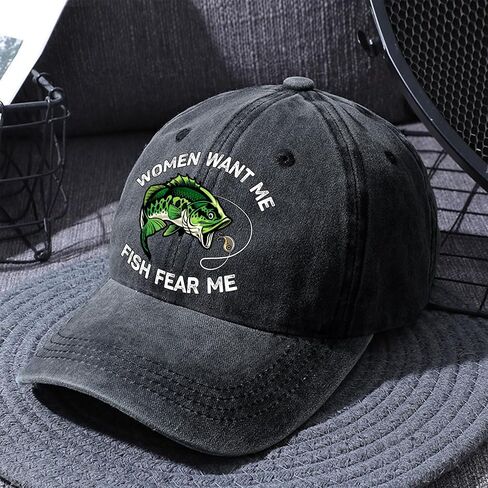 Pishovi Women Want Me Fish Fear Me Fun Distressed Washed Black Baseball Cap, Vintage Adjustable Cotton Cap, Funny Retirement Gift for Man, Christmas Birthday Gifts for Dad Grandpa Fishing Lover in Saudi Arabia