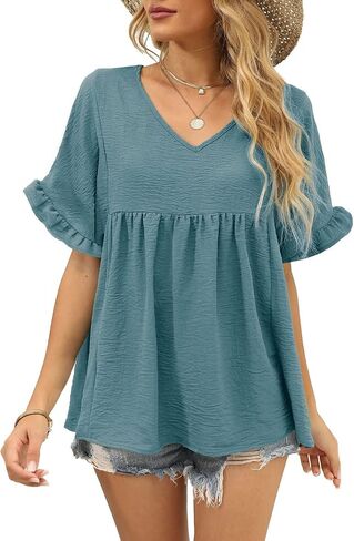 WIHOLL Womens Tops Casual V Neck Ruffle Sleeve T Shirts Babydoll Loose Fit Peplum Tops in Saudi Arabia