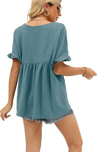 WIHOLL Womens Tops Casual V Neck Ruffle Sleeve T Shirts Babydoll Loose Fit Peplum Tops in Saudi Arabia