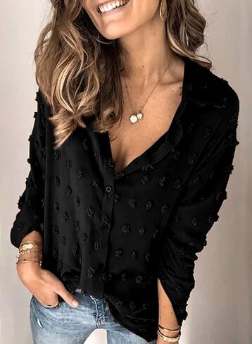 Astylish Women 2023 Pompom Button Down Shirt Casual Blouse Top in Saudi Arabia