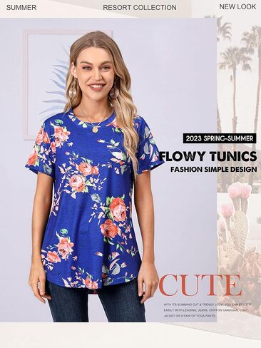 Ezcosplay Womens Tunic Tops Short Sleeve Summer Floral Print Casual Asymmetric Hem Tunic Shirts to Wear with Leggings in Kuwait