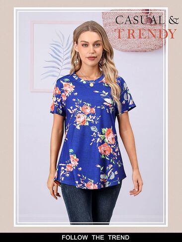 Ezcosplay Womens Tunic Tops Short Sleeve Summer Floral Print Casual Asymmetric Hem Tunic Shirts to Wear with Leggings in Kuwait