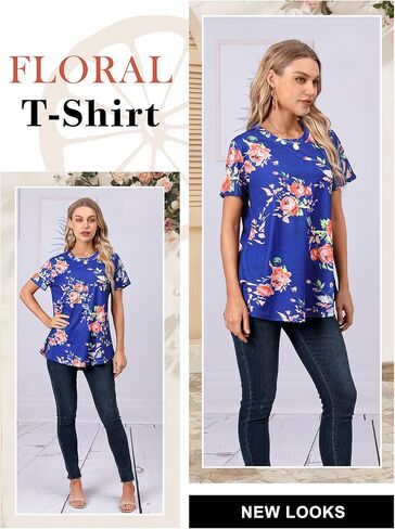 Ezcosplay Womens Tunic Tops Short Sleeve Summer Floral Print Casual Asymmetric Hem Tunic Shirts to Wear with Leggings in Kuwait