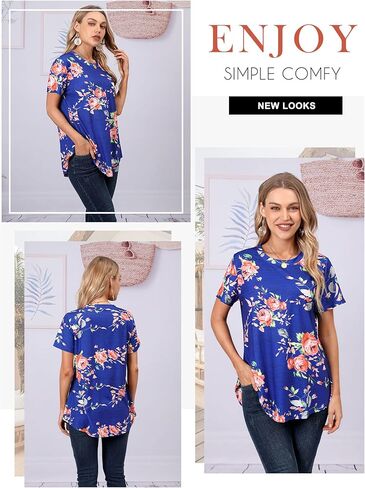 Ezcosplay Womens Tunic Tops Short Sleeve Summer Floral Print Casual Asymmetric Hem Tunic Shirts to Wear with Leggings in Kuwait