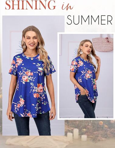Ezcosplay Womens Tunic Tops Short Sleeve Summer Floral Print Casual Asymmetric Hem Tunic Shirts to Wear with Leggings in Kuwait