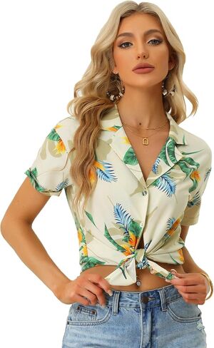 Allegra K Women's Hawaiian Shirt Floral Leaves Printed Short Sleeve Top Button Down Shirt in Kuwait