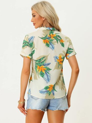 Allegra K Women's Hawaiian Shirt Floral Leaves Printed Short Sleeve Top Button Down Shirt in Kuwait