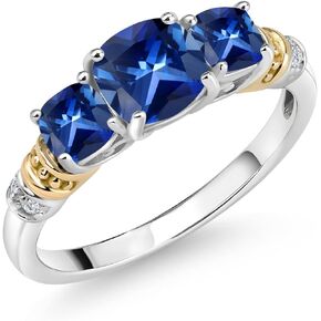 Gem Stone King 1.72 Ct Cushion Blue Created Sapphire 925 Sterling Silver and 10K Yellow Gold Ring in Saudi Arabia