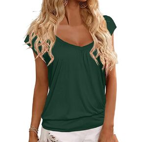 Hongqizo Womens V Neck T Shirts Cap Sleeve Summer Casual Shirts Banded-Bottom Loose Fit Basic Tops